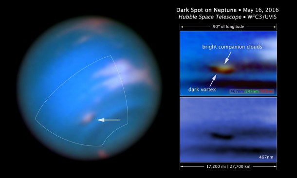 This new Hubble Space Telescope image confirms the presence of a dark vortex in the atmosphere of Neptune. The full visible-light image at left shows that the dark feature resides near and below a patch of bright clouds in the planet's southern hemisphere. The full-color image at top right is a close-up of the complex feature. The vortex is a high-pressure system. The image at bottom right shows that the vortex is best seen at blue wavelengths Credits: NASA, ESA, and M.H. Wong and J. Tollefson (UC Berkeley) This new Hubble Space Telescope image confirms the presence of a dark vortex in the atmosphere of Neptune. The full visible-light image at left shows that the dark feature resides near and below a patch of bright clouds in the planet's southern hemisphere. The full-color image at top right is a close-up of the complex feature. The vortex is a high-pressure system. The image at bottom right shows that the vortex is best seen at blue wavelengths Credits: NASA, ESA, and M.H. Wong and J. Tollefson (UC Berkeley)