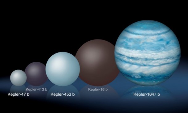 Comparison of the relative sizes of several Kepler circumbinary planets. Kepler-1647 b is substantially larger than any of the previously known circumbinary planets. Credits: Lynette Cook Comparison of the relative sizes of several Kepler circumbinary planets. Kepler-1647 b is substantially larger than any of the previously known circumbinary planets. Credits: Lynette Cook