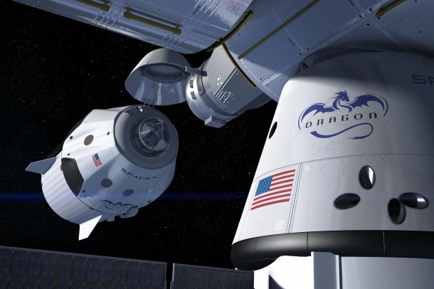 This artist's concept shows a SpaceX Crew Dragon docking with the International Space Station, as it will during a mission for NASA's Commercial Crew Program. NASA is partnering with Boeing and SpaceX to build a new generation of human-rated spacecraft capable of taking astronauts to the station and back to Earth, thereby expanding research opportunities in orbit. Credits: SpaceX This artist's concept shows a SpaceX Crew Dragon docking with the International Space Station, as it will during a mission for NASA's Commercial Crew Program. NASA is partnering with Boeing and SpaceX to build a new generation of human-rated spacecraft capable of taking astronauts to the station and back to Earth, thereby expanding research opportunities in orbit. Credits: SpaceX