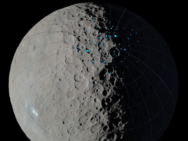 At the poles of Ceres, scientists have found craters that are permanently in shadow (indicated by blue markings). Such craters are called "cold traps" if they remain below about minus 240 degrees Fahrenheit (minus 151 degrees Celsius). Image Credit: NASA/JPL-Caltech/UCLA/MPS/DLR/IDA At the poles of Ceres, scientists have found craters that are permanently in shadow (indicated by blue markings). Such craters are called "cold traps" if they remain below about minus 240 degrees Fahrenheit (minus 151 degrees Celsius). Image Credit: NASA/JPL-Caltech/UCLA/MPS/DLR/IDA