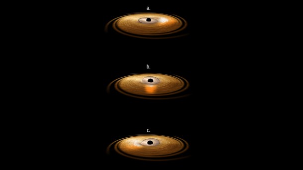 This artist's impression depicts the accretion disc surrounding a black hole, in which the inner region of the disc precesses. This artist's impression depicts the accretion disc surrounding a black hole, in which the inner region of the disc precesses.