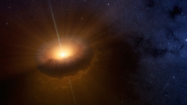 An unusual celestial object called CX330 was first detected as a source of X-ray light in 2009. It has been launching "jets" of material into the gas and dust around it. Credit: NASA/JPL-Caltech An unusual celestial object called CX330 was first detected as a source of X-ray light in 2009. It has been launching "jets" of material into the gas and dust around it. Credit: NASA/JPL-Caltech