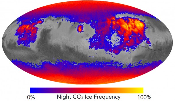 This map shows the frequency of carbon dioxide frost's presence at sunrise on Mars, as a percentage of days year-round. Carbon dioxide ice more often covers the ground at night in some mid-latitude regions than in polar regions, where it is generally absent for much of summer and fall. Image Credit: NASA/JPL-Caltech This map shows the frequency of carbon dioxide frost's presence at sunrise on Mars, as a percentage of days year-round. Carbon dioxide ice more often covers the ground at night in some mid-latitude regions than in polar regions, where it is generally absent for much of summer and fall. Image Credit: NASA/JPL-Caltech