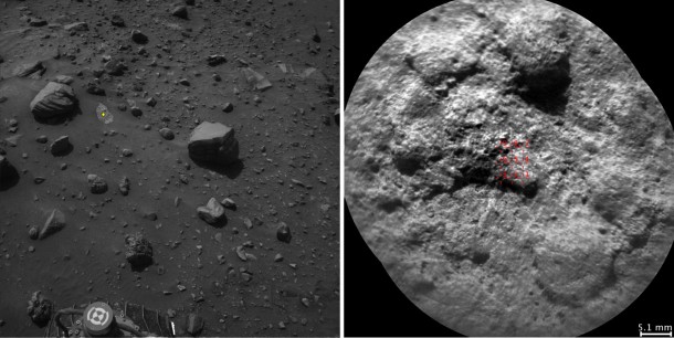 NASA's Curiosity Mars rover autonomously selects some targets for the laser and telescopic camera of its ChemCam instrument. For example, on-board software analyzed the Navcam image at left, chose the target indicated with a yellow dot, and pointed ChemCam for laser shots and the image at right. Credit: NASA/JPL-Caltech/LANL/CNES/IRAP/LPGNantes/CNRS/IAS NASA's Curiosity Mars rover autonomously selects some targets for the laser and telescopic camera of its ChemCam instrument. For example, on-board software analyzed the Navcam image at left, chose the target indicated with a yellow dot, and pointed ChemCam for laser shots and the image at right. Credit: NASA/JPL-Caltech/LANL/CNES/IRAP/LPGNantes/CNRS/IAS