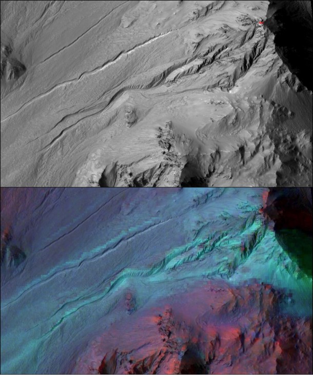 Martian gullies as seen in the top image from HiRISE on NASA's Mars Reconnaissance Orbiter resemble gullies on Earth that are carved by liquid water. Image credit: NASA/JPL-Caltech/UA/JHUAPL Martian gullies as seen in the top image from HiRISE on NASA's Mars Reconnaissance Orbiter resemble gullies on Earth that are carved by liquid water. Image credit: NASA/JPL-Caltech/UA/JHUAPL