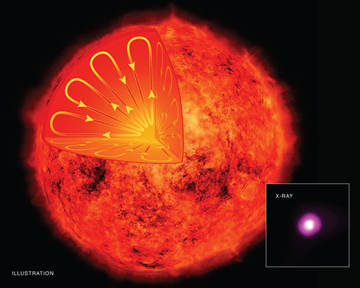 An artist's illustration depicts the interior of a low-mass star, such as the one seen in an X-ray image from Chandra in the inset. Such stars have different interior structures than our Sun. A new study looking at four of these low-mass stars shows the strength of magnetic fields of these stars – which is revealed by the amount of X-ray emission from the stars – are similar to those of more massive ones like the Sun. This discovery may have profound implications for understanding how the magnetic field in the Sun and stars like it are generated. X-ray: NASA/CXC/Keele Univ/N.Wright et al; Illustration: NASA/CXC/M.Weiss An artist's illustration depicts the interior of a low-mass star, such as the one seen in an X-ray image from Chandra in the inset. Such stars have different interior structures than our Sun. A new study looking at four of these low-mass stars shows the strength of magnetic fields of these stars – which is revealed by the amount of X-ray emission from the stars – are similar to those of more massive ones like the Sun. This discovery may have profound implications for understanding how the magnetic field in the Sun and stars like it are generated. X-ray: NASA/CXC/Keele Univ/N.Wright et al; Illustration: NASA/CXC/M.Weiss