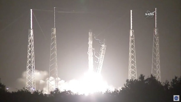 SpaceX’s Dragon cargo craft launched at 12:45 a.m. EDT on a Falcon 9 rocket from Space Launch Complex 40 at Cape Canaveral Air Force Station in Florida with almost 5,000 pounds of cargo. Credits: NASA SpaceX’s Dragon cargo craft launched at 12:45 a.m. EDT on a Falcon 9 rocket from Space Launch Complex 40 at Cape Canaveral Air Force Station in Florida with almost 5,000 pounds of cargo. Credits: NASA
