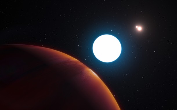 This artist's impression shows a view of the triple-star system HD 131399 from close to the giant planet orbiting in the system. The planet is known as HD 131399Ab and appears at the lower-left of the picture. Credits: image courtesy European Southern Observatory/L. Calçada This artist's impression shows a view of the triple-star system HD 131399 from close to the giant planet orbiting in the system. The planet is known as HD 131399Ab and appears at the lower-left of the picture. Credits: image courtesy European Southern Observatory/L. Calçada