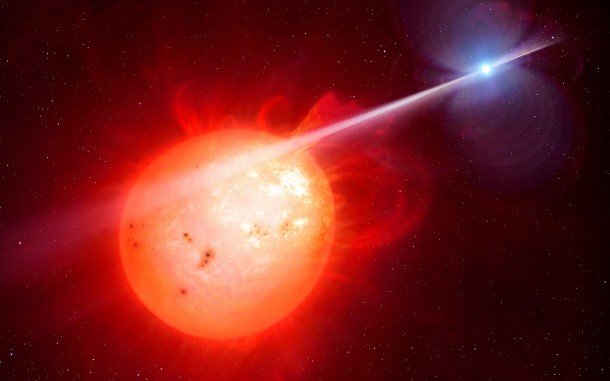 This artist’s impression shows the strange object AR Scorpii. In this unique double star a rapidly spinning white dwarf star (right) powers electrons up to almost the speed of light. These high energy particles release blasts of radiation that lash the companion red dwarf star (left) and cause the entire system to pulse dramatically every 1.97 minutes with radiation ranging from the ultraviolet to radio. Credit: M. Garlick/University of Warwick/ESO This artist’s impression shows the strange object AR Scorpii. In this unique double star a rapidly spinning white dwarf star (right) powers electrons up to almost the speed of light. These high energy particles release blasts of radiation that lash the companion red dwarf star (left) and cause the entire system to pulse dramatically every 1.97 minutes with radiation ranging from the ultraviolet to radio. Credit: M. Garlick/University of Warwick/ESO