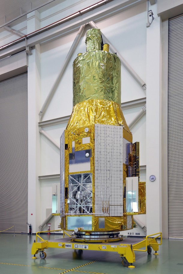 The Hitomi spacecraft, then known as ASTRO-H, as it appeared on Nov. 27, 2015, at Tsukuba Space Center in Japan. The open compartment visible at the spacecraft's lower left houses the Soft X-ray Spectrometer. Credits: JAXA The Hitomi spacecraft, then known as ASTRO-H, as it appeared on Nov. 27, 2015, at Tsukuba Space Center in Japan. The open compartment visible at the spacecraft's lower left houses the Soft X-ray Spectrometer. Credits: JAXA