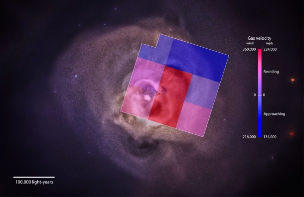 The Perseus galaxy cluster is filled with hot X-ray-emitting gas, as seen in this image from NASA's Chandra X-ray Observatory. Astronomers using the Soft X-ray Spectrometer aboard the Hitomi satellite have, for the first time, mapped the motion of this gas and determined its velocity structure across a large part of the cluster. The square overlay, which spans about 195,000 light-years at the cluster's distance, shows the area observed by Hitomi. Colors correspond to the detected gas speeds, with bluer colors indicating faster motion toward Earth and redder colors showing greater velocities in the opposite direction. Credits: NASA Goddard and NASA/CXC/SAO/E. Bulbul, et al. The Perseus galaxy cluster is filled with hot X-ray-emitting gas, as seen in this image from NASA's Chandra X-ray Observatory. Astronomers using the Soft X-ray Spectrometer aboard the Hitomi satellite have, for the first time, mapped the motion of this gas and determined its velocity structure across a large part of the cluster. The square overlay, which spans about 195,000 light-years at the cluster's distance, shows the area observed by Hitomi. Colors correspond to the detected gas speeds, with bluer colors indicating faster motion toward Earth and redder colors showing greater velocities in the opposite direction. Credits: NASA Goddard and NASA/CXC/SAO/E. Bulbul, et al.