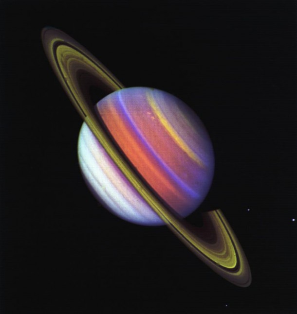 This psychedelic false-color view of Saturn from Voyager 2 reveals structure in the planet's banded clouds. Credit: NASA/JPL-Caltech This psychedelic false-color view of Saturn from Voyager 2 reveals structure in the planet's banded clouds. Credit: NASA/JPL-Caltech