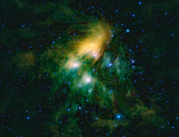 This image shows the famous Pleiades cluster of stars as seen through the eyes of WISE, or NASA's Wide-field Infrared Survey Explorer.Image credit: NASA/JPL-Caltech/UCLA This image shows the famous Pleiades cluster of stars as seen through the eyes of WISE, or NASA's Wide-field Infrared Survey Explorer.Image credit: NASA/JPL-Caltech/UCLA