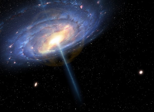 This artist's impression shows the Milky Way as it may have appeared 6 million years ago during a "quasar" phase of activity. A wispy orange bubble extends from the galactic center out to a radius of about 20,000 light-years. Outside of that bubble, a pervasive "fog" of million-degree gas might account for the galaxy's missing matter of 130 billion solar masses. Mark A. Garlick/CfA This artist's impression shows the Milky Way as it may have appeared 6 million years ago during a "quasar" phase of activity. A wispy orange bubble extends from the galactic center out to a radius of about 20,000 light-years. Outside of that bubble, a pervasive "fog" of million-degree gas might account for the galaxy's missing matter of 130 billion solar masses. Mark A. Garlick/CfA