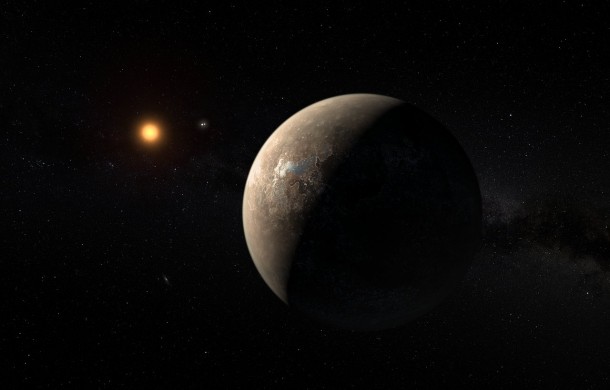This artist’s impression shows the planet Proxima b orbiting the red dwarf star Proxima Centauri, the closest star to the Solar System. The double star Alpha Centauri AB also appears in the image between the planet and Proxima itself. Proxima b is a little more massive than the Earth and orbits in the habitable zone around Proxima Centauri, where the temperature is suitable for liquid water to exist on its surface. Credit: ESO/M. Kornmesser This artist’s impression shows the planet Proxima b orbiting the red dwarf star Proxima Centauri, the closest star to the Solar System. The double star Alpha Centauri AB also appears in the image between the planet and Proxima itself. Proxima b is a little more massive than the Earth and orbits in the habitable zone around Proxima Centauri, where the temperature is suitable for liquid water to exist on its surface. Credit: ESO/M. Kornmesser