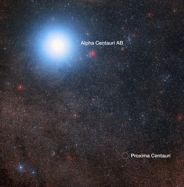 This image of the sky around the bright star Alpha Centauri AB also shows the much fainter red dwarf star, Proxima Centauri, the closest star to the Solar System. The picture was created from pictures forming part of the Digitized Sky Survey 2. The blue halo around Alpha Centauri AB is an artifact of the photographic process, the star is really pale yellow in colour like the Sun. Credit: Digitized Sky Survey 2 Acknowledgement: Davide De Martin/Mahdi Zamani This image of the sky around the bright star Alpha Centauri AB also shows the much fainter red dwarf star, Proxima Centauri, the closest star to the Solar System. The picture was created from pictures forming part of the Digitized Sky Survey 2. The blue halo around Alpha Centauri AB is an artifact of the photographic process, the star is really pale yellow in colour like the Sun. Credit: Digitized Sky Survey 2 Acknowledgement: Davide De Martin/Mahdi Zamani