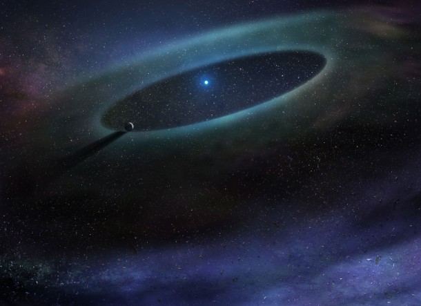 Artist impression of a debris disk surrounding a star in the Scorpius-Centaurus Association. ALMA discovered that -- contrary to expectations -- the more massive stars in this region retain considerable stores of carbon monoxide gas. This finding could offer new insights into the timeline for giant planet formation around young stars. Credit: NRAO/AUI/NSF; D. Berry / SkyWorks Artist impression of a debris disk surrounding a star in the Scorpius-Centaurus Association. ALMA discovered that -- contrary to expectations -- the more massive stars in this region retain considerable stores of carbon monoxide gas. This finding could offer new insights into the timeline for giant planet formation around young stars. Credit: NRAO/AUI/NSF; D. Berry / SkyWorks