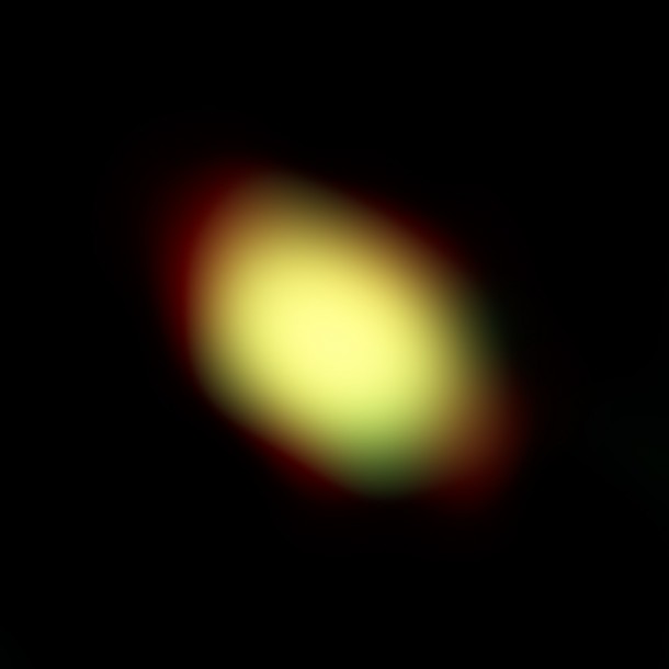 ALMA image of the debris disk surrounding a star in the Scorpius-Centaurus Association known as HIP 73145. The green region maps the carbon monoxide gas that suffuses the debris disk. The red is the millimeter-wavelength light emitted by the dust surrounding the central star. The star HIP 73145 is estimated to be approximately twice the mass of the Sun. The disk in this system extends well past what would be the orbit of Neptune in our solar system. Credit: J. Lieman-Sifry, et al., ALMA (ESO/NAOJ/NRAO); B. Saxton (NRAO/AUI/NSF) ALMA image of the debris disk surrounding a star in the Scorpius-Centaurus Association known as HIP 73145. The green region maps the carbon monoxide gas that suffuses the debris disk. The red is the millimeter-wavelength light emitted by the dust surrounding the central star. The star HIP 73145 is estimated to be approximately twice the mass of the Sun. The disk in this system extends well past what would be the orbit of Neptune in our solar system. Credit: J. Lieman-Sifry, et al., ALMA (ESO/NAOJ/NRAO); B. Saxton (NRAO/AUI/NSF)