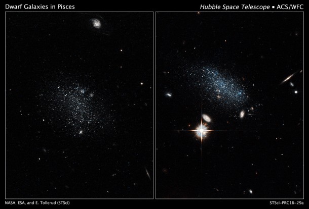 NASA's Hubble Space Telescope has captured the glow of new stars in these small, ancient galaxies, called Pisces A and Pisces B. The dwarf galaxies have lived in isolation for billions of years and are just now beginning to make stars. Credits: NASA, ESA, and E. Tollerud (STScI) NASA's Hubble Space Telescope has captured the glow of new stars in these small, ancient galaxies, called Pisces A and Pisces B. The dwarf galaxies have lived in isolation for billions of years and are just now beginning to make stars. Credits: NASA, ESA, and E. Tollerud (STScI)