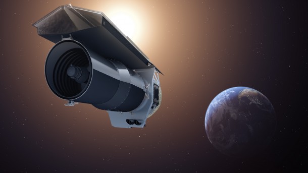 This artist's concept shows NASA's Spitzer Space Telescope. Spitzer begins its "Beyond" mission phase on Oct. 1, 2016. The spacecraft is depicted in the orientation it assumes to establish communications with ground stations. Credit: NASA/JPL-Caltech This artist's concept shows NASA's Spitzer Space Telescope. Spitzer begins its "Beyond" mission phase on Oct. 1, 2016. The spacecraft is depicted in the orientation it assumes to establish communications with ground stations. Credit: NASA/JPL-Caltech