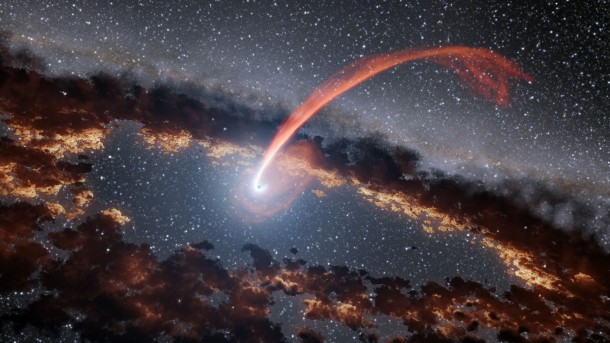 This illustration shows a glowing stream of material from a star as it is being devoured by a supermassive black hole in a tidal disruption flare. Image credit: NASA/JPL-Caltech This illustration shows a glowing stream of material from a star as it is being devoured by a supermassive black hole in a tidal disruption flare. Image credit: NASA/JPL-Caltech