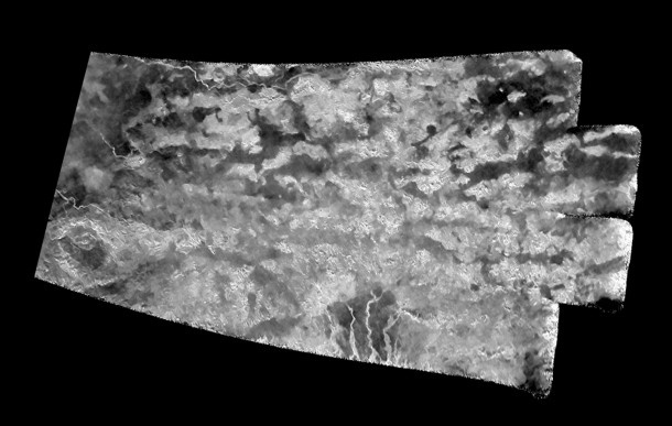This synthetic-aperture radar (SAR) image was obtained by NASA's Cassini spacecraft on July 25, 2016, during its "T-121" pass over Titan's southern latitudes. Image Credit: NASA/JPL-Caltech/ASI/Université Paris-Diderot This synthetic-aperture radar (SAR) image was obtained by NASA's Cassini spacecraft on July 25, 2016, during its "T-121" pass over Titan's southern latitudes. Image Credit: NASA/JPL-Caltech/ASI/Université Paris-Diderot