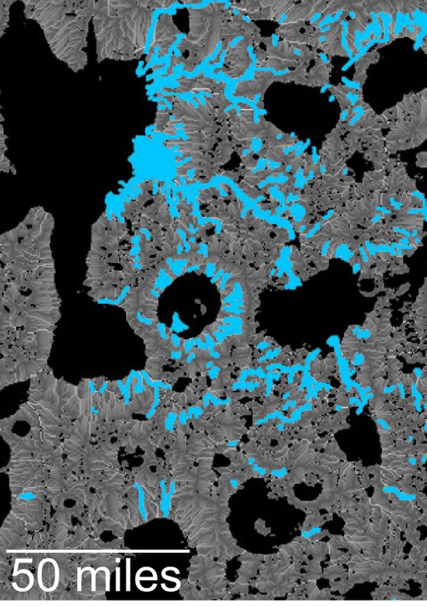 This map of an area within the Arabia Terra region on Mars shows where hydrologic modeling predicts locations of depressions that would have been lakes (black), overlaid with a map of the preserved valleys (blue lines, with width exaggerated for recognition) that would have been streams. Image credit: NASA/JPL-Caltech/Smithsonian This map of an area within the Arabia Terra region on Mars shows where hydrologic modeling predicts locations of depressions that would have been lakes (black), overlaid with a map of the preserved valleys (blue lines, with width exaggerated for recognition) that would have been streams. Image credit: NASA/JPL-Caltech/Smithsonian