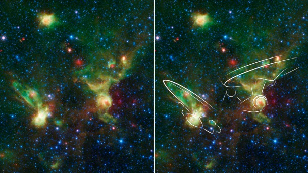 These nebulae seen by NASA's Spitzer Space Telescope, at left, may resemble two versions of the starship Enterprise from "Star Trek," overlaid at right. Credit: NASA/JPL-Caltech These nebulae seen by NASA's Spitzer Space Telescope, at left, may resemble two versions of the starship Enterprise from "Star Trek," overlaid at right. Credit: NASA/JPL-Caltech