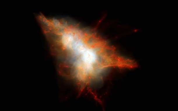 This rendering shows a snapshot from a cosmological simulation of a Lyman-alpha Blob similar to LAB-1. This simulation tracks the evolution of gas and dark matter using one of the latest models for galaxy formation running on the NASA Pleiades supercomputer. This view shows the distribution of gas within the dark matter halo, colour coded so that cold gas (mainly neutral hydrogen) appears red and hot gas appears white. Embedded at the centre of this system are two strongly star-forming galaxies, but these are surrounded by hot gas and many smaller satellite galaxies that appear as small red clumps of gas here. Lyman-alpha photons escape from the central galaxies and scatter off the cold gas associated with these satellites to give rise to an extended Lyman-alpha Blob. Credit: J.Geach/D.Narayanan/R.Crain This rendering shows a snapshot from a cosmological simulation of a Lyman-alpha Blob similar to LAB-1. This simulation tracks the evolution of gas and dark matter using one of the latest models for galaxy formation running on the NASA Pleiades supercomputer. This view shows the distribution of gas within the dark matter halo, colour coded so that cold gas (mainly neutral hydrogen) appears red and hot gas appears white. Embedded at the centre of this system are two strongly star-forming galaxies, but these are surrounded by hot gas and many smaller satellite galaxies that appear as small red clumps of gas here. Lyman-alpha photons escape from the central galaxies and scatter off the cold gas associated with these satellites to give rise to an extended Lyman-alpha Blob. Credit: J.Geach/D.Narayanan/R.Crain