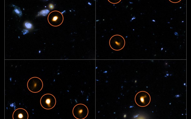 These cutout images are from a combination of a background picture taken by the NASA/ESA Hubble Space Telescope (blue/green) with a new very deep ALMA view of the field (orange, marked with circles). All the objects that ALMA sees appear to be massive star-forming galaxies. This image is based on the ALMA survey by J. Dunlop and colleagues, covering the full HUDF area. Credit: ALMA (ESO/NAOJ/NRAO)/NASA/ESA/J. Dunlop et al. and S. Beckwith (STScI) and the HUDF Team. These cutout images are from a combination of a background picture taken by the NASA/ESA Hubble Space Telescope (blue/green) with a new very deep ALMA view of the field (orange, marked with circles). All the objects that ALMA sees appear to be massive star-forming galaxies. This image is based on the ALMA survey by J. Dunlop and colleagues, covering the full HUDF area. Credit: ALMA (ESO/NAOJ/NRAO)/NASA/ESA/J. Dunlop et al. and S. Beckwith (STScI) and the HUDF Team.