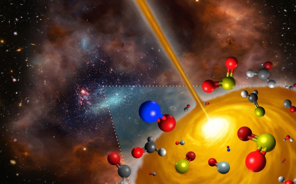 This artist’s impression shows the molecules found in a hot molecular core in the Large Magellanic Cloud using ALMA. This core is the first such object to be found outside the Milky Way, and it has significantly different chemical makeup to those found in our own galaxy. The figure is a derivative work based on material from the following sources: ESO/M. Kornmesser; NASA, ESA, and S. Beckwith (STScI) and the HUDF Team; NASA/ESA and the Hubble Heritage Team (AURA/STScI)/HEI. Credit: FRIS/Tohoku University This artist’s impression shows the molecules found in a hot molecular core in the Large Magellanic Cloud using ALMA. This core is the first such object to be found outside the Milky Way, and it has significantly different chemical makeup to those found in our own galaxy. The figure is a derivative work based on material from the following sources: ESO/M. Kornmesser; NASA, ESA, and S. Beckwith (STScI) and the HUDF Team; NASA/ESA and the Hubble Heritage Team (AURA/STScI)/HEI. Credit: FRIS/Tohoku University