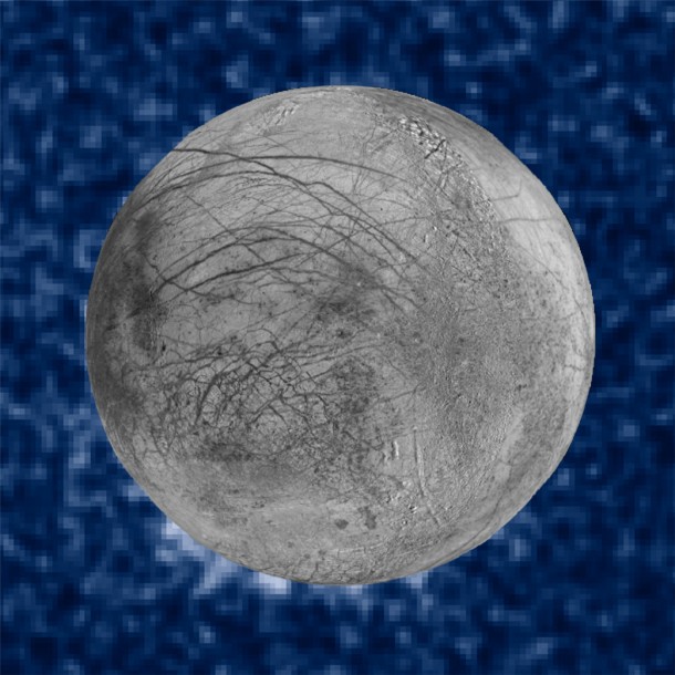 This composite image shows suspected plumes of water vapor erupting at the 7 o'clock position off the limb of Jupiter's moon Europa. The plumes, photographed by NASA's Hubble's Space Telescope Imaging Spectrograph, were seen in silhouette as the moon passed in front of Jupiter. Credits: NASA/ESA/W. Sparks (STScI)/USGS Astrogeology Science Center This composite image shows suspected plumes of water vapor erupting at the 7 o'clock position off the limb of Jupiter's moon Europa. The plumes, photographed by NASA's Hubble's Space Telescope Imaging Spectrograph, were seen in silhouette as the moon passed in front of Jupiter. Credits: NASA/ESA/W. Sparks (STScI)/USGS Astrogeology Science Center