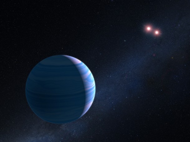 This artist's illustration shows a gas giant planet circling a pair of red dwarf stars in the system OGLE-2007-BLG-349, located 8,000 light-years away. The Saturn-mass planet orbits roughly 300 million miles from the stellar duo. The two red dwarf stars are 7 million miles apart. Credits: NASA, ESA, and G. Bacon (STScI) This artist's illustration shows a gas giant planet circling a pair of red dwarf stars in the system OGLE-2007-BLG-349, located 8,000 light-years away. The Saturn-mass planet orbits roughly 300 million miles from the stellar duo. The two red dwarf stars are 7 million miles apart. Credits: NASA, ESA, and G. Bacon (STScI)
