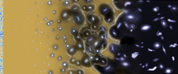 This artist's impression shows a portion of the universe's history, centered on the "epoch of reionization," a process that ionized most of the material in the cosmos. From left to right: the most ancient light of the universe, the first stars, the reionization process and the first galaxies. Credit: ESA - C. Carreau This artist's impression shows a portion of the universe's history, centered on the "epoch of reionization," a process that ionized most of the material in the cosmos. From left to right: the most ancient light of the universe, the first stars, the reionization process and the first galaxies. Credit: ESA - C. Carreau