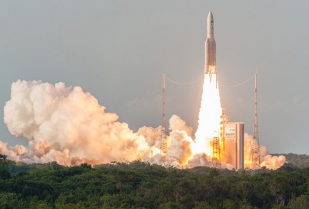 Ariane 5 begins its ascent from the Spaceport in French Guiana, carrying the Sky Muster II and GSAT-18 satellites for deployment in geostationary transfer orbit on today’s mission. Ariane 5 begins its ascent from the Spaceport in French Guiana, carrying the Sky Muster II and GSAT-18 satellites for deployment in geostationary transfer orbit on today’s mission.