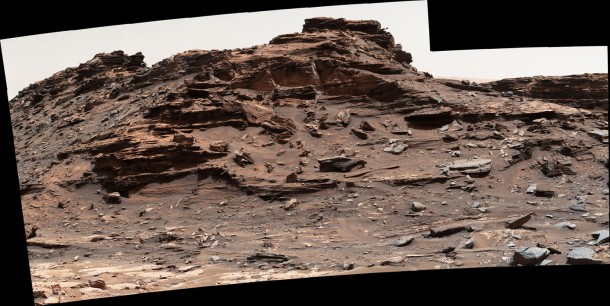 The top of the butte in this Sept. 1, 2016, scene from the Mast Camera (Mastcam) on NASA's Curiosity Mars rover stands about 16 feet above the rover and about 82 feet east-southeast of the rover. The site is in the "Murray Buttes" area of lower Mount Sharp, and this particular butte is called "M9a." Credit: NASA/JPL-Caltech/MSSS The top of the butte in this Sept. 1, 2016, scene from the Mast Camera (Mastcam) on NASA's Curiosity Mars rover stands about 16 feet above the rover and about 82 feet east-southeast of the rover. The site is in the "Murray Buttes" area of lower Mount Sharp, and this particular butte is called "M9a." Credit: NASA/JPL-Caltech/MSSS