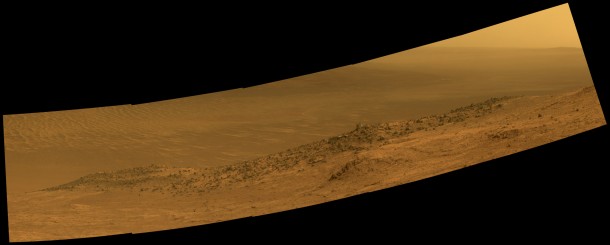 This scene from NASA's Mars rover Opportunity shows "Wharton Ridge," which forms part of the southern wall of "Marathon Valley" on the rim of Endeavour Crater. The ridge's name honors the memory of astrobiologist Robert A. Wharton (1951-2012). The scene is presented in approximately true color. Image Credit: NASA/JPL-Caltech/Cornell/Arizona State Univ. This scene from NASA's Mars rover Opportunity shows "Wharton Ridge," which forms part of the southern wall of "Marathon Valley" on the rim of Endeavour Crater. The ridge's name honors the memory of astrobiologist Robert A. Wharton (1951-2012). The scene is presented in approximately true color. Image Credit: NASA/JPL-Caltech/Cornell/Arizona State Univ.