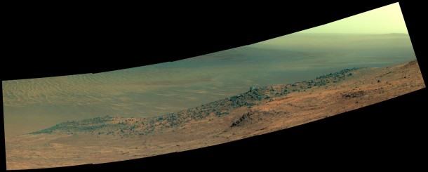 This scene from NASA's Mars rover Opportunity shows "Wharton Ridge," on the western rim of Endeavour Crater. The ridge's name honors the memory of astrobiologist Robert A. Wharton (1951-2012). The scene is presented in enhanced color to make differences in surface materials more easily visible. Image Credit: NASA/JPL-Caltech/Cornell/Arizona State Univ. This scene from NASA's Mars rover Opportunity shows "Wharton Ridge," on the western rim of Endeavour Crater. The ridge's name honors the memory of astrobiologist Robert A. Wharton (1951-2012). The scene is presented in enhanced color to make differences in surface materials more easily visible. Image Credit: NASA/JPL-Caltech/Cornell/Arizona State Univ.
