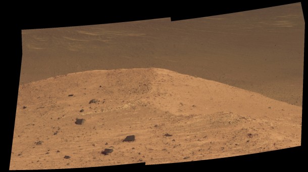 This Sept. 21, 2016, scene from the panoramic camera (Pancam) on NASA's Mars Exploration Rover Opportunity shows "Spirit Mound" overlooking the floor of Endeavour Crater. The mound stands near the eastern end of "Bitterroot Valley" on the western rim of the crater, and this view faces eastward. Image Credit: NASA/JPL-Caltech/Cornell/Arizona State Univ. This Sept. 21, 2016, scene from the panoramic camera (Pancam) on NASA's Mars Exploration Rover Opportunity shows "Spirit Mound" overlooking the floor of Endeavour Crater. The mound stands near the eastern end of "Bitterroot Valley" on the western rim of the crater, and this view faces eastward. Image Credit: NASA/JPL-Caltech/Cornell/Arizona State Univ.