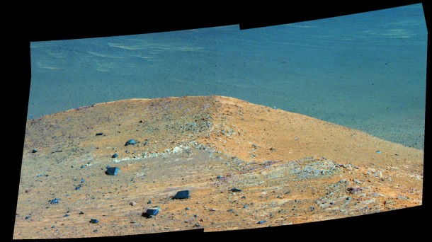 This Sept. 21, 2016, scene from the panoramic camera (Pancam) on NASA's Mars Exploration Rover Opportunity shows "Spirit Mound" overlooking the floor of Endeavour Crater. The mound stands near the eastern end of "Bitterroot Valley" on the western rim of the crater, and this view faces eastward. Image Credit: NASA/JPL-Caltech/Cornell/Arizona State Univ. This Sept. 21, 2016, scene from the panoramic camera (Pancam) on NASA's Mars Exploration Rover Opportunity shows "Spirit Mound" overlooking the floor of Endeavour Crater. The mound stands near the eastern end of "Bitterroot Valley" on the western rim of the crater, and this view faces eastward. Image Credit: NASA/JPL-Caltech/Cornell/Arizona State Univ.