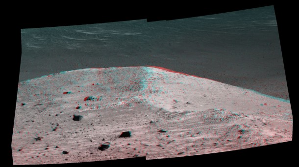 This stereo scene from NASA's Mars Exploration Rover Opportunity shows "Spirit Mound" overlooking the floor of Endeavour Crater. The view appears three-dimensional when seen through blue-red glasses with the red lens on the left. Image Credit: NASA/JPL-Caltech/Cornell/Arizona State Univ. This stereo scene from NASA's Mars Exploration Rover Opportunity shows "Spirit Mound" overlooking the floor of Endeavour Crater. The view appears three-dimensional when seen through blue-red glasses with the red lens on the left. Image Credit: NASA/JPL-Caltech/Cornell/Arizona State Univ.