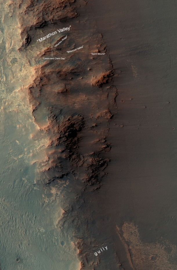 This map show a portion of Endeavour Crater's western rim that includes the "Marathon Valley" area investigated intensively by NASA's Mars Exploration Rover Opportunity in 2015 and 2016, and a fluid-carved gully that is a destination to the south for the mission. Image Credit: NASA/JPL-Caltech/Univ. of Arizona This map show a portion of Endeavour Crater's western rim that includes the "Marathon Valley" area investigated intensively by NASA's Mars Exploration Rover Opportunity in 2015 and 2016, and a fluid-carved gully that is a destination to the south for the mission. Image Credit: NASA/JPL-Caltech/Univ. of Arizona