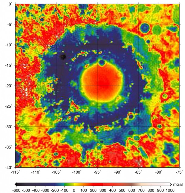 This color-coded map shows the strength of surface gravity around Orientale basin on the moon, derived from GRAIL data. (The color scale represents units of "gals" -- 1 gal is about 1/1000 of Earth's surface gravitational acceleration.) Image credit: NASA/JPL-Caltech This color-coded map shows the strength of surface gravity around Orientale basin on the moon, derived from GRAIL data. (The color scale represents units of "gals" -- 1 gal is about 1/1000 of Earth's surface gravitational acceleration.) Image credit: NASA/JPL-Caltech