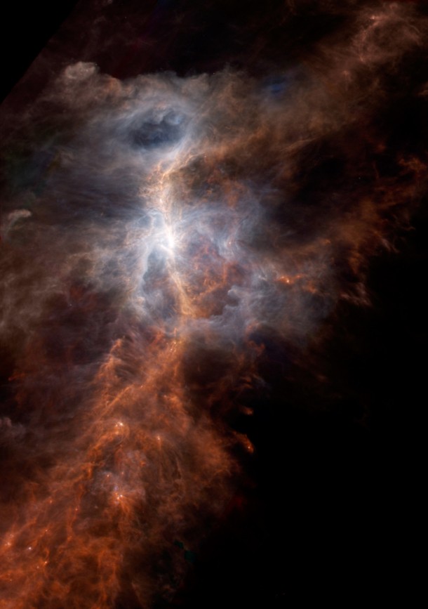 The dusty side of the Sword of Orion is illuminated in this striking infrared image from ESA's Hershel Space Observatory. Within the inset image, the emission from ionized carbon atoms (C+) is overlaid in yellow. Credit: ESA/NASA/JPL-Caltech The dusty side of the Sword of Orion is illuminated in this striking infrared image from ESA's Hershel Space Observatory. Within the inset image, the emission from ionized carbon atoms (C+) is overlaid in yellow. Credit: ESA/NASA/JPL-Caltech