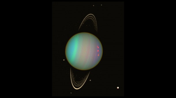 Uranus is seen in this false-color view from NASA's Hubble Space Telescope from August 2003. The brightness of the planet's faint rings and dark moons has been enhanced for visibility. Image credit: NASA/Erich Karkoschka (Univ. Arizona) Uranus is seen in this false-color view from NASA's Hubble Space Telescope from August 2003. The brightness of the planet's faint rings and dark moons has been enhanced for visibility. Image credit: NASA/Erich Karkoschka (Univ. Arizona)