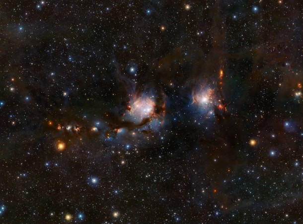 This richly detailed view of the star formation region Messier 78, in the constellation of Orion (The Hunter), was taken with the VISTA infrared survey telescope at ESO’s Paranal Observatory in Chile. As well as the blue regions of reflected light from the hot young stars the image also shows streams of dark dust and the red jets emerging from stars in the process of formation. Credit: ESO This richly detailed view of the star formation region Messier 78, in the constellation of Orion (The Hunter), was taken with the VISTA infrared survey telescope at ESO’s Paranal Observatory in Chile. As well as the blue regions of reflected light from the hot young stars the image also shows streams of dark dust and the red jets emerging from stars in the process of formation. Credit: ESO