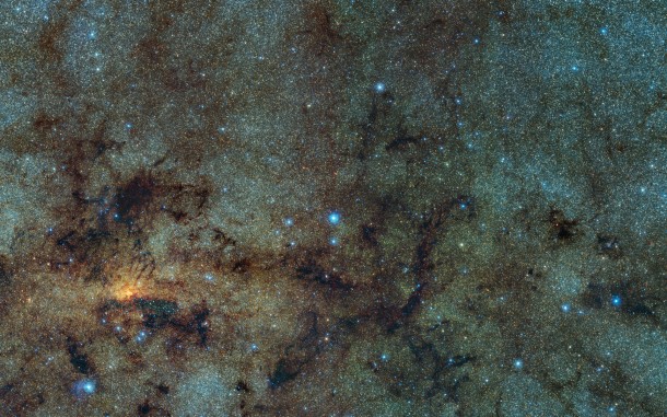 This image, captured with the VISTA infrared survey telescope, as part of the Variables in the Via Lactea (VVV) ESO public survey, shows the central part of the Milky Way. While normally hidden behind obscuring dust, the infrared capabilities of VISTA allow to study the stars close to the galactic centre. Credit: ESO/VVV Survey/D. Minniti This image, captured with the VISTA infrared survey telescope, as part of the Variables in the Via Lactea (VVV) ESO public survey, shows the central part of the Milky Way. While normally hidden behind obscuring dust, the infrared capabilities of VISTA allow to study the stars close to the galactic centre. Credit: ESO/VVV Survey/D. Minniti