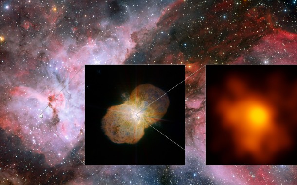 This mosaic shows the Carina Nebula (left part of the image), home of the Eta Carinae star system. This part was observed with the Wide Field Imager on the MPG/ESO 2.2-metre telescope at ESO’s La Silla Observatory. The middle part shows the direct surrounding of the star system: the Homunculus Nebula, created by the ejected material from the Eta Carinae system. This image was taken with the NACO near-infrared adaptive optics instrument on ESO's Very Large Telescope. The right image shows the innermost part of the system as seen with the Very Large Telescope Interferometer (VLTI). It is the highest resolution image of Eta Carinae ever. Credit: ESO/G. Weigelt This mosaic shows the Carina Nebula (left part of the image), home of the Eta Carinae star system. This part was observed with the Wide Field Imager on the MPG/ESO 2.2-metre telescope at ESO’s La Silla Observatory. The middle part shows the direct surrounding of the star system: the Homunculus Nebula, created by the ejected material from the Eta Carinae system. This image was taken with the NACO near-infrared adaptive optics instrument on ESO's Very Large Telescope. The right image shows the innermost part of the system as seen with the Very Large Telescope Interferometer (VLTI). It is the highest resolution image of Eta Carinae ever. Credit: ESO/G. Weigelt