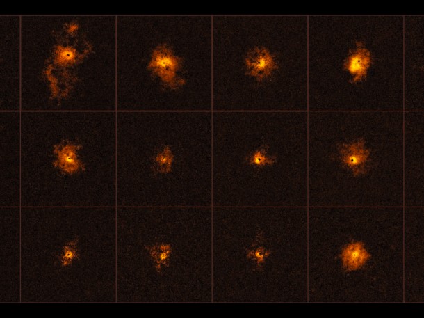 This mosaic shows 18 of the 19 quasars observed by an international team of astronomers, led by the ETH Zurich, Switzerland. Each observed quasar is surrounded by a bright gaseous halo. It is the first time that a survey of quasars shows such bright halos around all of the observed quasars. The discovery was made using the MUSE instrument at ESO’s Very Large Telescope. Credit: ESO/Borisova et al. This mosaic shows 18 of the 19 quasars observed by an international team of astronomers, led by the ETH Zurich, Switzerland. Each observed quasar is surrounded by a bright gaseous halo. It is the first time that a survey of quasars shows such bright halos around all of the observed quasars. The discovery was made using the MUSE instrument at ESO’s Very Large Telescope. Credit: ESO/Borisova et al.