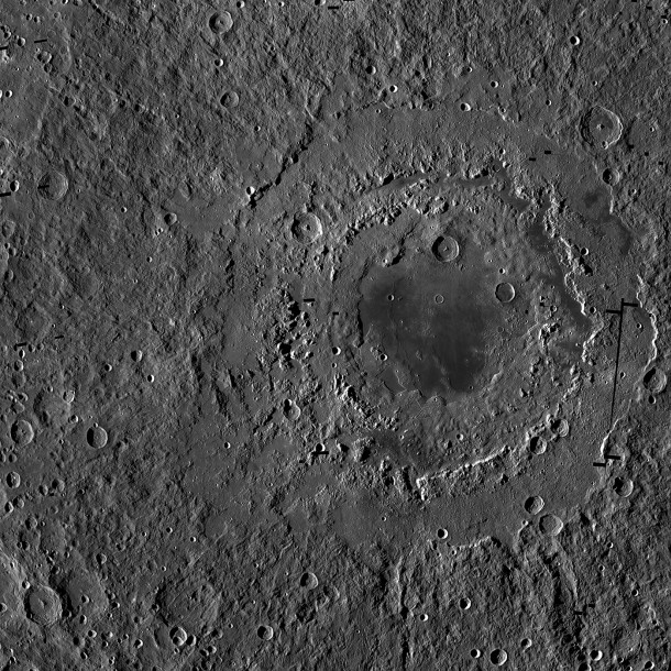 Orientale basin is about 580 miles (930 kilometers) wide and has three distinct rings, which form a bullseye-like pattern. This view is a mosaic of images from NASA's Lunar Reconnaissance Orbiter. Image credit: NASA/GSFC/Arizona State University Orientale basin is about 580 miles (930 kilometers) wide and has three distinct rings, which form a bullseye-like pattern. This view is a mosaic of images from NASA's Lunar Reconnaissance Orbiter. Image credit: NASA/GSFC/Arizona State University